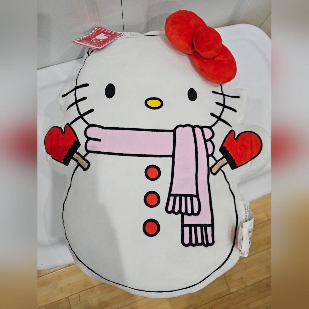 Cute Large Hello Kitty White Christmas Snowman Winter Holiday Seasonal Pillow - Picture 2 of 10